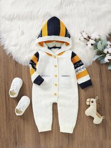 SHEIN Bộ áo liền quần dệt kim có mũ trùm đầu cho bé trai - trắng - Xem 4