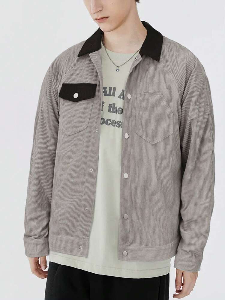 Men Contrast Collar Flap Pocket Corduroy Jacket