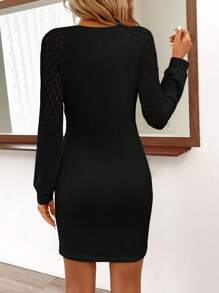 SHEIN Clasi 蕾絲拼接插肩袖緊身洋裝 - 黑色 - 查看 2
