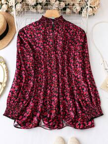 SHEIN LUNE Plus Ditsy Floral Print Flounce Sleeve Blouse - Red - View 2