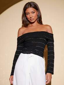 SHEIN Tall Striped Print Off Shoulder Tee - Black - View 3
