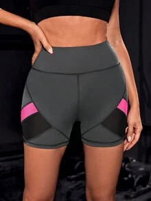 Colorblock Wideband Waist Biker Shorts - Black - View 5