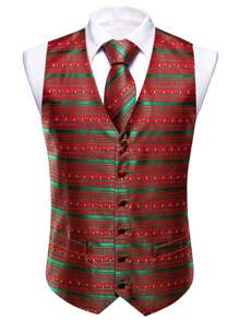 Men Plus 1pc Christmas Jacquard Waistcoat & 1pc Tie & 1pc Handkerchief & 1pair Cufflinks - Red - View 3