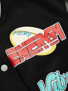 SHEIN Maternity Letter Graphic Striped Trim Drop Shoulder Varsity Jacket - Black - View 9