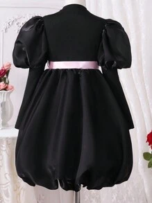 SHEIN Tween Girl Bow Front Gigot Sleeve Dress - Black - View 2