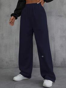 SHEIN EZwear 字母圖案斜口袋彈性腰帶衛褲 - 藏蓝色 - 查看 5