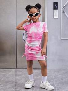 SHEIN Young Girl Tie Dye Ruched Side Dress - Watermelon Pink - View 3