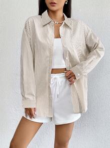 SHEIN EZwear Striped Print Drop Shoulder Shirt - Coffee Brown - View 4