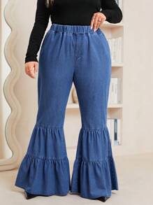 SHEIN LUNE Plus Elastic Waist Ruffle Hem Flare Leg Jeans - Dark Wash - View 1