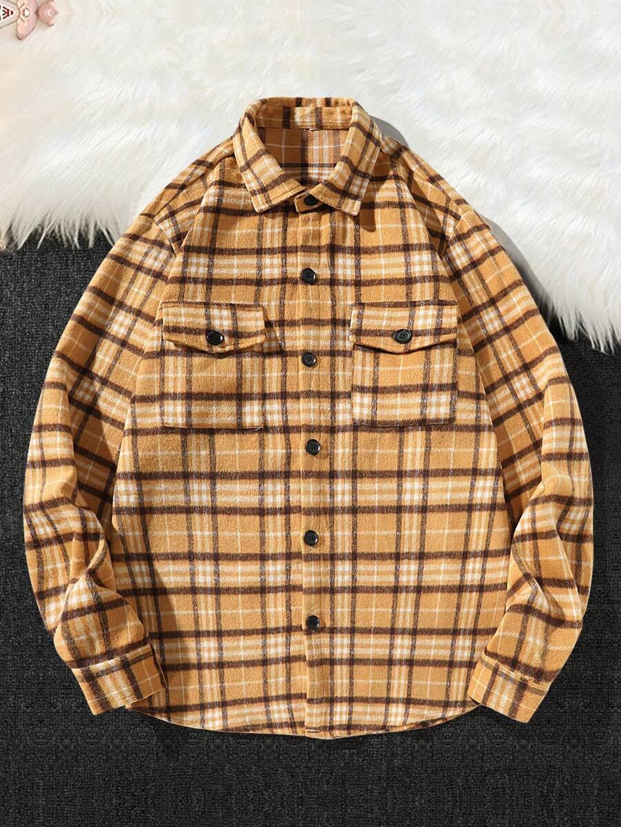 Manfinity Homme Men Plaid Print Flap Pocket Shacket