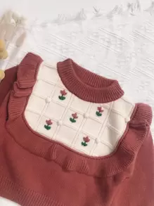 Young Girl Floral Embroidery Ruffle Trim Sweater - Red - View 3