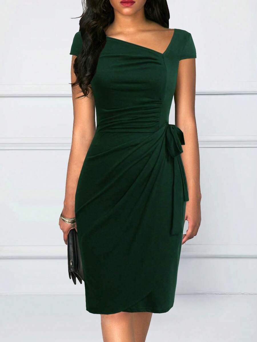 Solid Asymmetrical Neck Knot Side Ruched Wrap Dress - Dark Green - View 1
