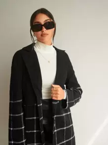 SHEIN Privé Xadrez Gola Lapela Frente Aberta Sobretudos