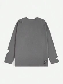 SHEIN Coolane 標語圖案破洞落肩T恤 - 深灰色 - 查看 2