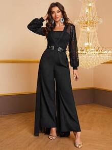 YISIKADO 亮片拼接燈籠袖網紗覆蓋腰帶連身褲 - 黑色 - 查看 3