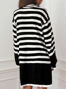 EURMUSE Striped Pattern Mock Neck Drop Shoulder Sweater Dress - Black and White - View 2