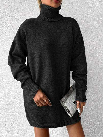 EURMUSE Turtleneck Drop Shoulder Sweater Dress Without Belt
