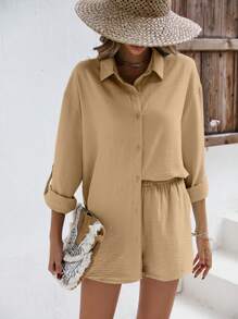 SHEIN Unity 纯色落肩亚麻衬衫和短裤 亚麻面料套装 返校服装 秋季女装 复古风格教师服装 商务女装 教师衬衫 - 卡其色 - 查看 7