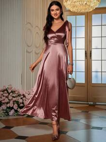 SHEIN Belle 肩部繫帶緞面洋裝 - 藕粉色 - 查看 3