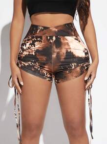 SHEIN SXY Tie Dye Drawstring Ruched Side Biker Shorts - Multicolor - View 1