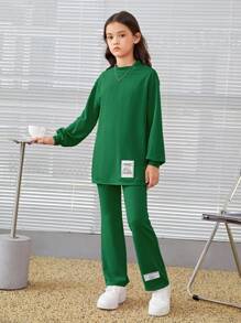 SHEIN Cô gái Tween Slogan Đã vá Áo thun Thả vai & Quần - màu xanh lá - Xem 5