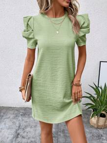 SHEIN Clasi Solid Puff Sleeve Dress - Mint Green - View 1