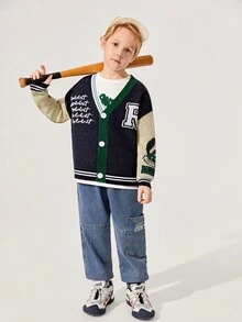 SHEIN Tween Boy Casual Loose Long Sleeve V-Neck Cardigan Sweater - Multicolor - View 3