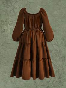 SHEIN MOOSTA 大碼雞心領口燈籠袖荷葉邊洋裝 - 棕色 - 查看 2