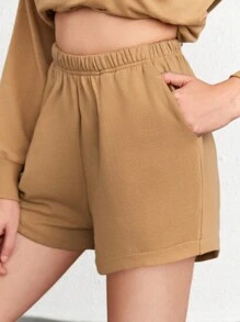 Ocili 素色斜口袋休閒短褲 - 駝色 - 查看 3