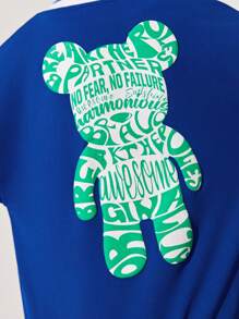 SHEIN Tween Boy Drop Shoulder Striped Trim Bear Print Back Varsity Jacket - Blue - View 6