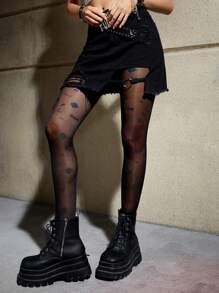 Batman X ROMWE 1雙女性蝙蝠&骷髏圖案褲襪 - 黑色 - 查看 5