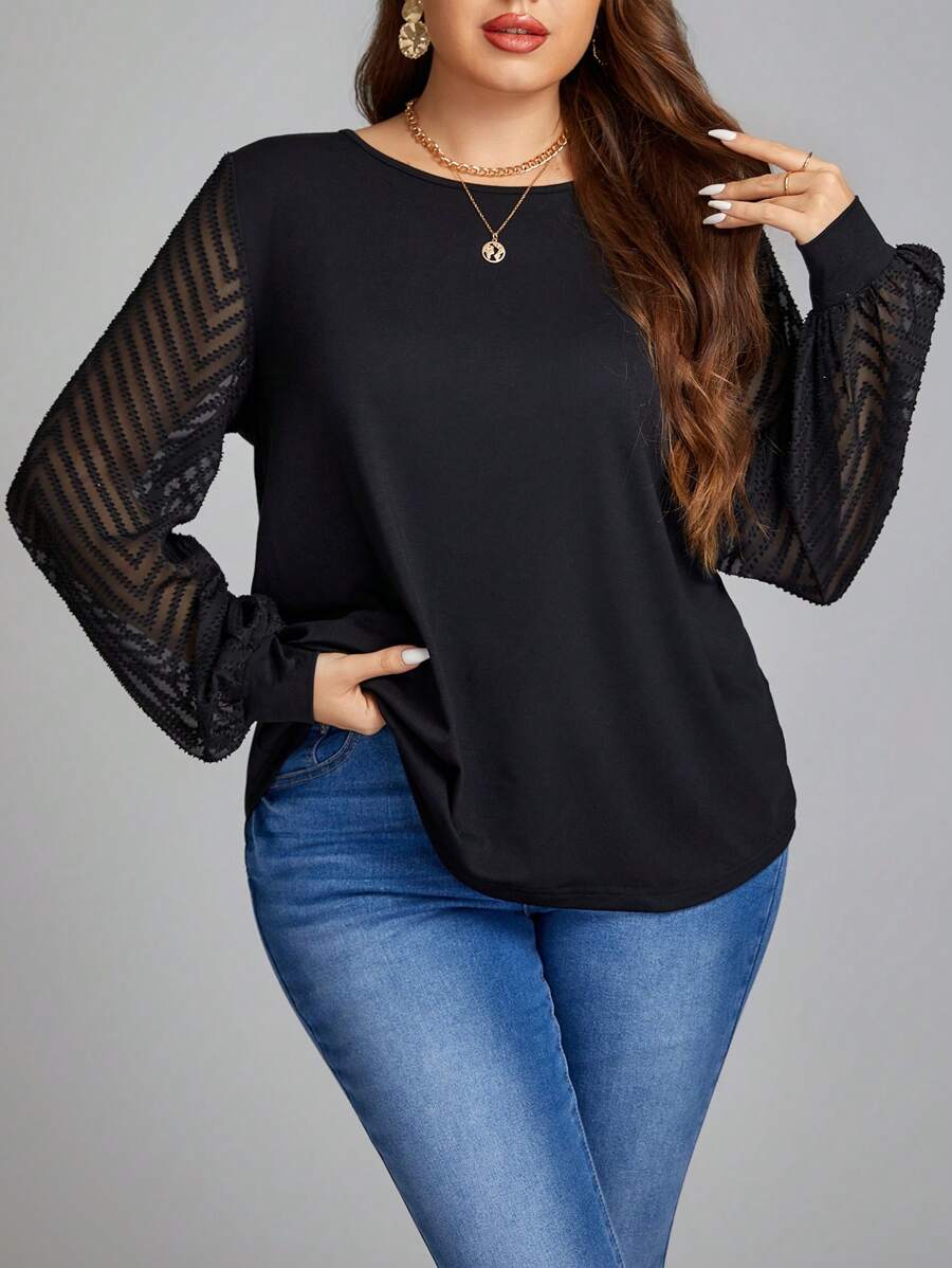 SHEIN LUNE Plus Size Women's Patchwork Top - Black - View 1