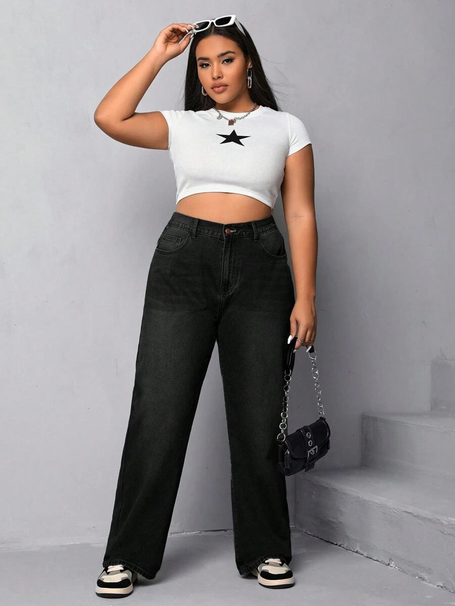 SHEIN EZwear Hơn Cao eo Quần legging thẳng - màu đen - Xem 1