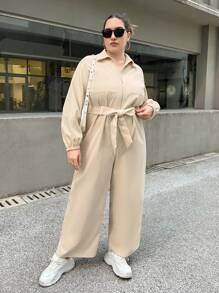 SHEIN Essnce Plus Solid Belted Wide Leg Jumpsuit - Apricot - View 4