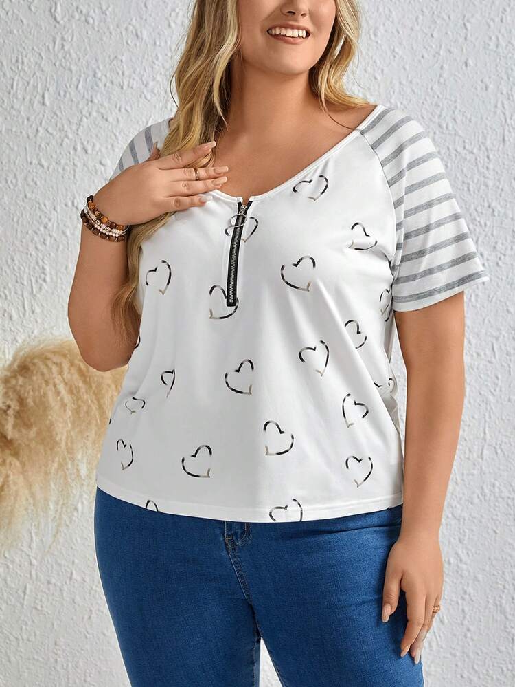 Plus Heart Print Raglan Sleeve Half Zip Tee