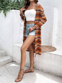 SHEIN VCAY Geo Print Open Front Longline Coat - Multicolor - View 4