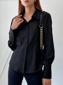 DAZY Áo sơ mi cài khuy chắc chắn phía trước - màu đen - Xem 1