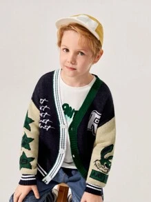 SHEIN Tween Boy Casual Loose Long Sleeve V-Neck Cardigan Sweater - Multicolor - View 1