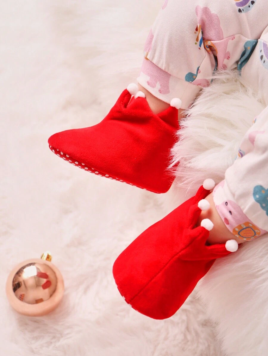 Bébé Fille Bottes Plates Noël À Thème Mignon Design Couronne Anti-Dérapant - Rouge - Voir 1