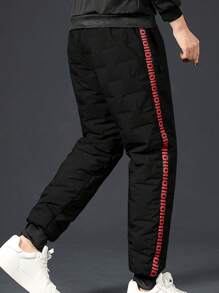 Men Letter Graphic Thermal Lined Drawstring Waist Pants, Fall/Winter - Black - View 2