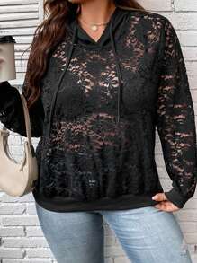 SHEIN LUNE 大碼花卉蕾絲抽繩連帽衛衣 - 黑色 - 查看 5