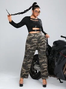 SHEIN ICON 大碼迷彩印花翻蓋口袋工裝牛仔褲 - 彩色 - 查看 3