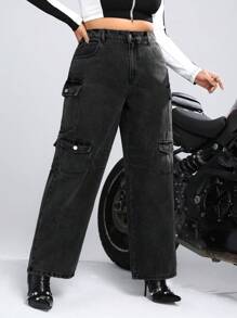 SHEIN ICON Hơn Cao eo Túi có nắp Quần jean chở hàng - màu đen - Xem 1