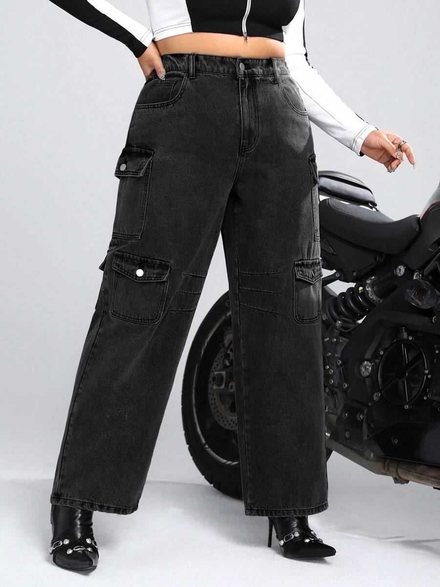 SHEIN ICON Hơn Cao eo Túi có nắp Quần jean chở hàng - màu đen - Xem 1