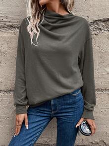 SHEIN LUNE Solid Drop Shoulder Cowl Neck Sweatshirt - Dark Grey - View 5