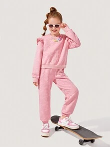 SHEIN Tween Girl Letter Embossed Ruffle Trim Sweatshirt & Sweatpants - Pink - View 3