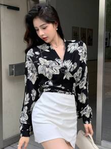 DAZY Floral Print Surplice Neckline Drop Shoulder Blouse - Black - View 1