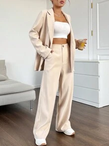 SHEIN EZwear 素色雙排釦西裝外套&闊腿褲 - 杏色 - 查看 6