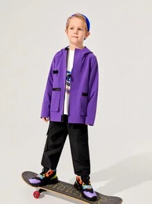 SHEIN Tween Boy Buckle Detail Raglan Sleeve Hooded Thermal Coat - Purple - View 2