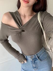 DAZY 扭纹前部不对称领口 T 恤，秋季服装长袖女式上衣 - 咖啡棕 - 查看 5